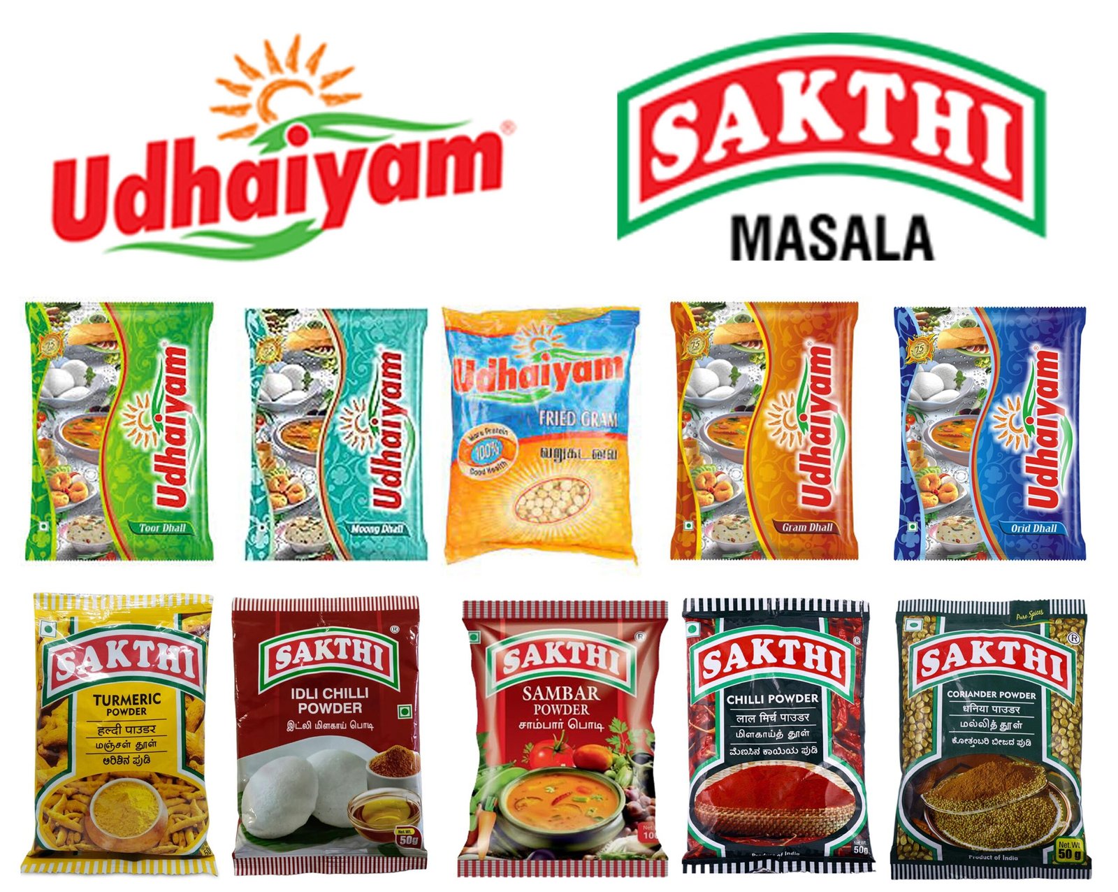Sakthi Masala 50g & Udhaiyam 500g Combo (Pack of 10) Toor Dhall, Moong Dhall, Gram Dhall, Orid Dhall, Fried Gram Dhall, Turmeric powder, Idli Chilli Powder, Chilli Powder, Coriander Powder, Sambar Powder