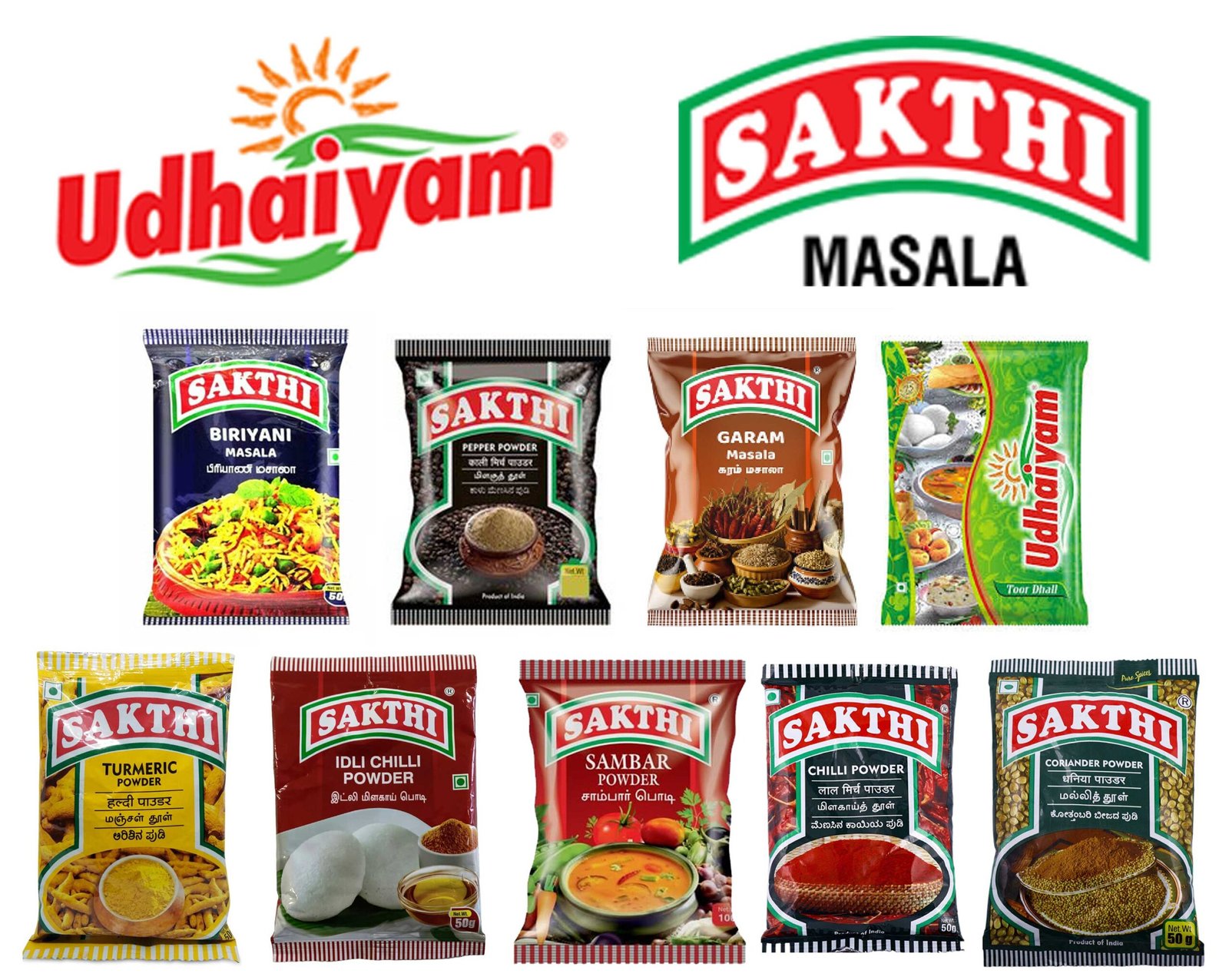 Sakthi Turmeric powder 50g, Sakthi Chilli powder 50g, Sakthi Sambar masala 50g, Sakthi Idli Chilli powder 50g, Sakthi Coriander powder 50g, Sakthi Garam masala 50g, Sakthi Pepper powder 50g, Sakthi Biriyani masala 50g, Udhaiyam Toor Dhall 500g,