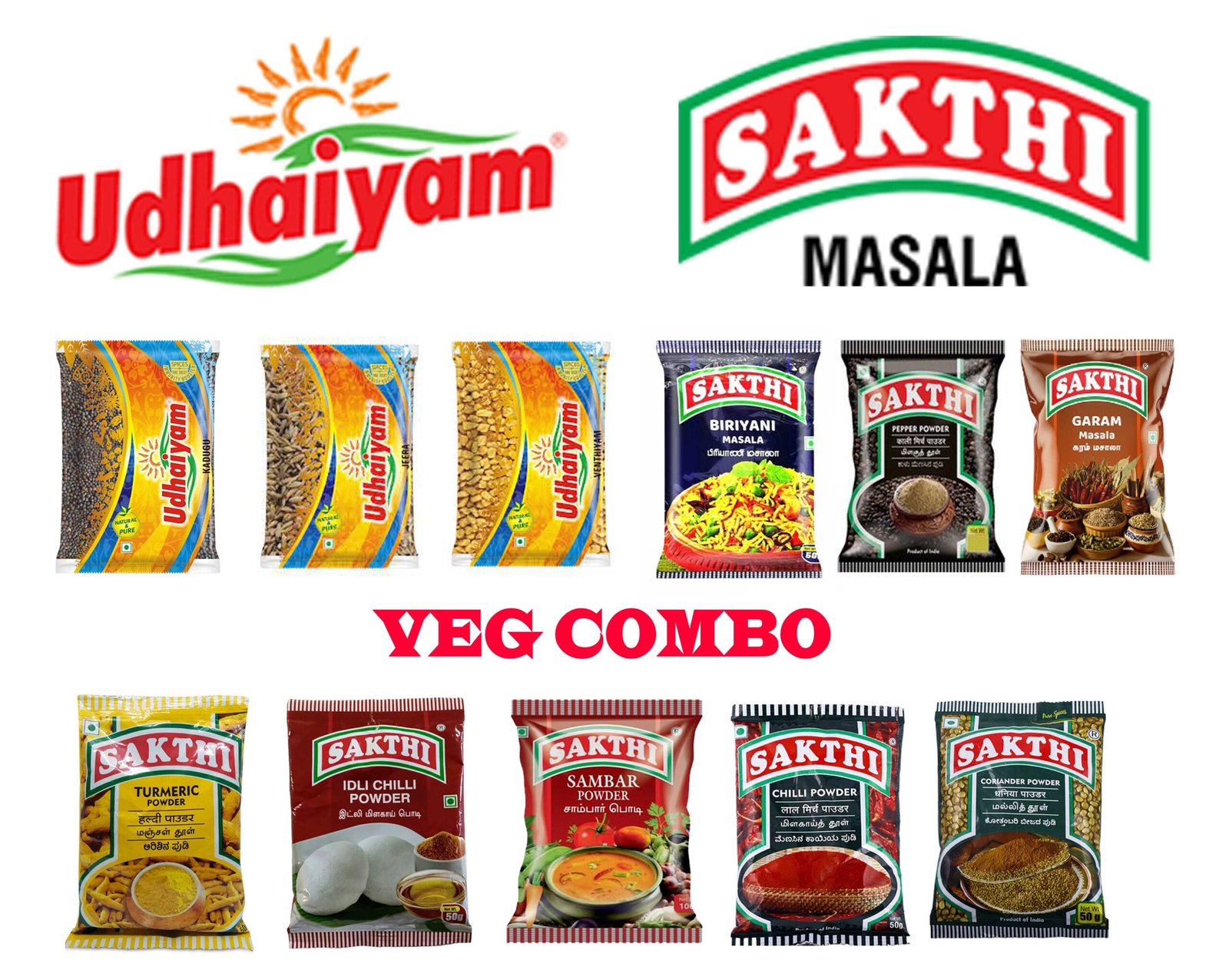 Sakthi Masala & Udhaiyam Veg Combo pack (Sakthi Turmeric powder 50g, Sakthi Chilli powder 100g, Sakthi Sambar masala 100g, Sakthi Idli Chilli powder 100g, Sakthi Coriander powder 100g, Sakthi Garam masala 50g, Sakthi Biriyani masala 50g, Sakthi Pepper powder 50g, Udhaiyam Kadugu 50g, Udhaiyam Vendhaiyam 50g, Udhaiyam Jeeragam 50g,)